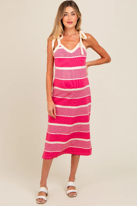 Exclusive Discount Pink Striped Shoulder Tie Side Slit Maternity Midi Dress