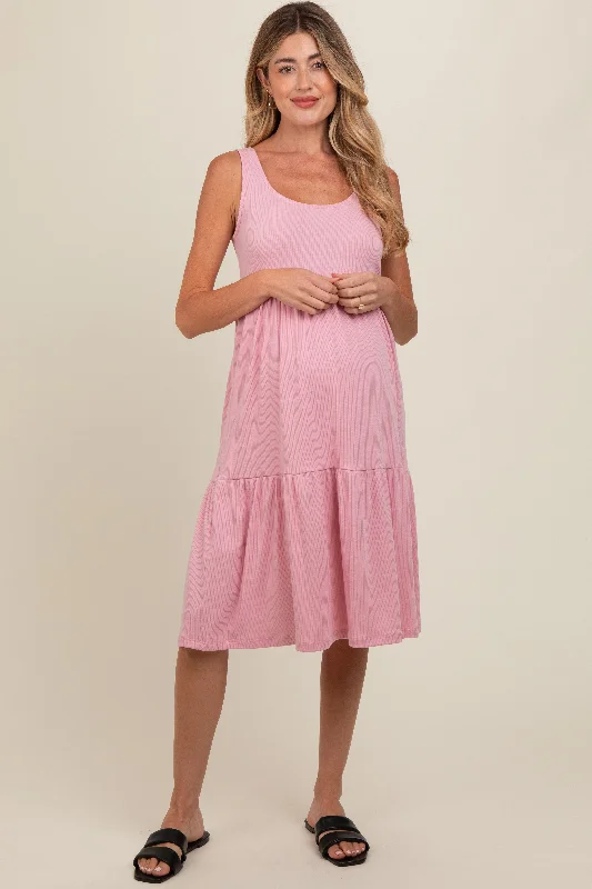 Chic Everyday Wear Pink Tiered Sleeveless Maternity Midi Dress