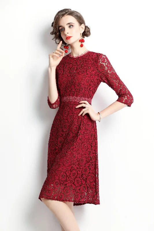 Elegant Ensemble Red Cocktail & Party A-line Crewneck Elbow Sleeve Knee Lace Dress