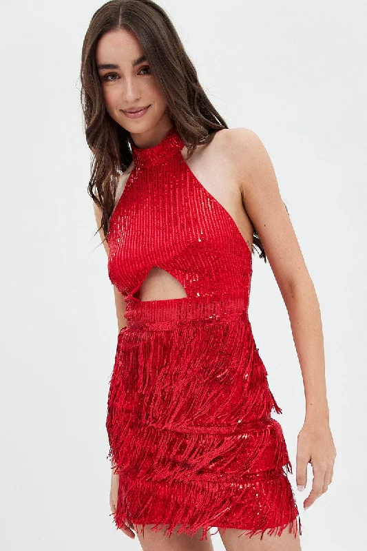 Wardrobe Refresh Red Party Bodycon Halter Mini Dress Tassels