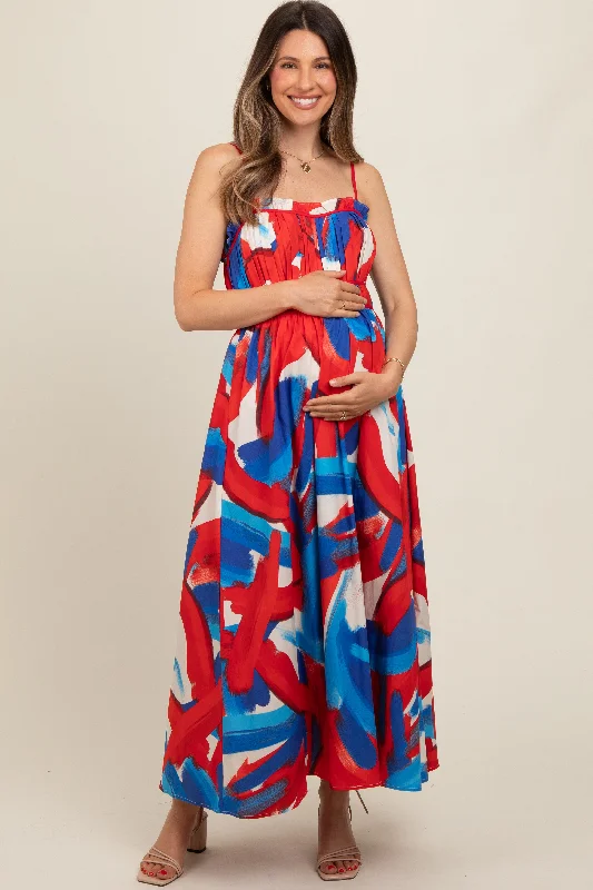 Limited Time Offer Red Pleated Binding Brushed Print Maternity Maxi Dress