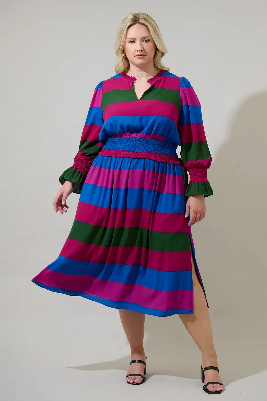 Vintage Elegance Saige Striped Ria Smocked Midi Dress Curve