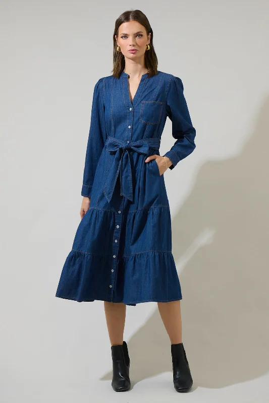 Vibrant Femme Fashion Skylah Denim Tiered Midi Dress