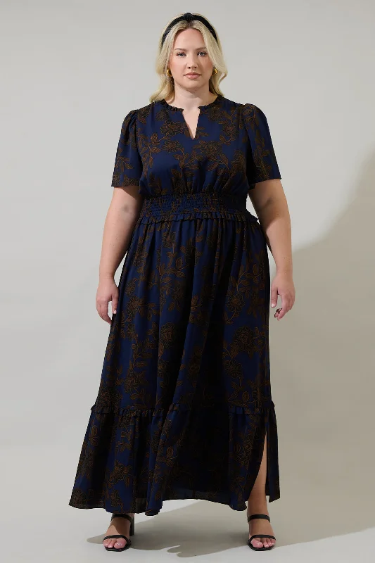 Flowy Fabric Tolleson Floral Valencia Split Neck Maxi Dress Curve