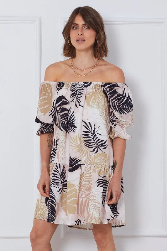 Hot Styles Trop Print Mini Dress Off Shoulder