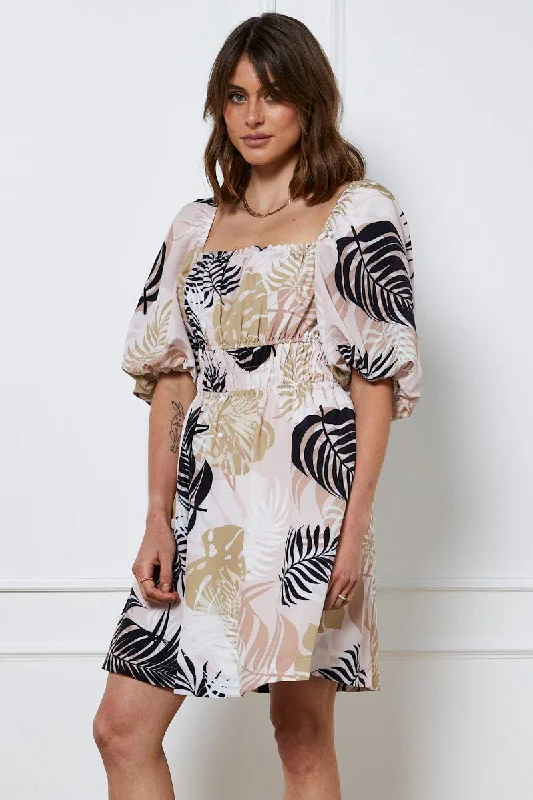 Elegant Simplicity Wardrobe Trop Print Mini Dress Short Sleeve Square Neck
