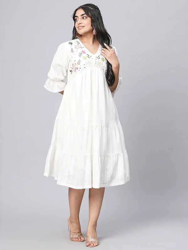 Bid Farewell To The Old Season Odette White Cotton Embroidered Fit and Flared Stitched Indo Western Dress for Women