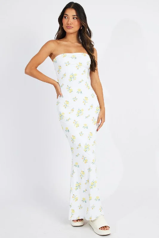 Chic Trends Unveiled White Floral Bandeau Maxi Dress Bouquet Flower Dress