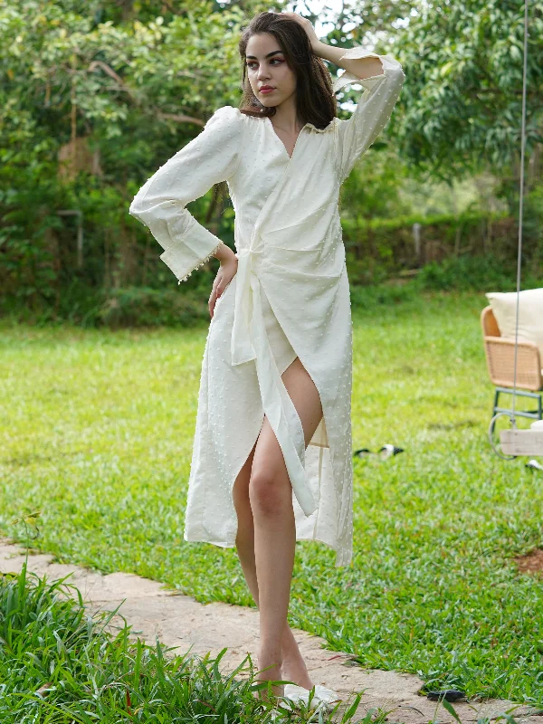 Trendsetter's Closet Odette Women White Satin With Dobby Long Time Stitched Dress