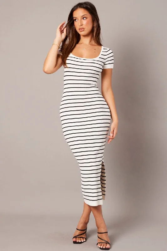 Latest Fashion White Stripe Knit Dress Short Sleeve Bodycon Midi