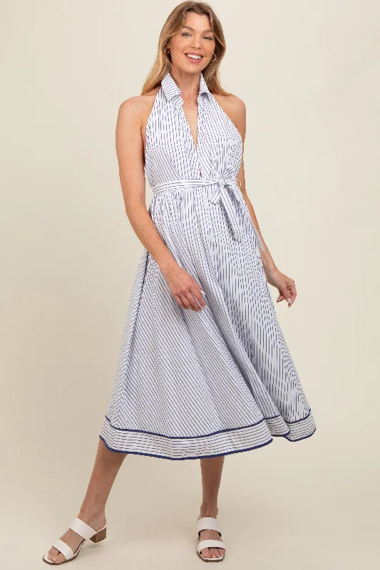 Effortless Style White Striped Halter Maternity Midi Shirt Dress