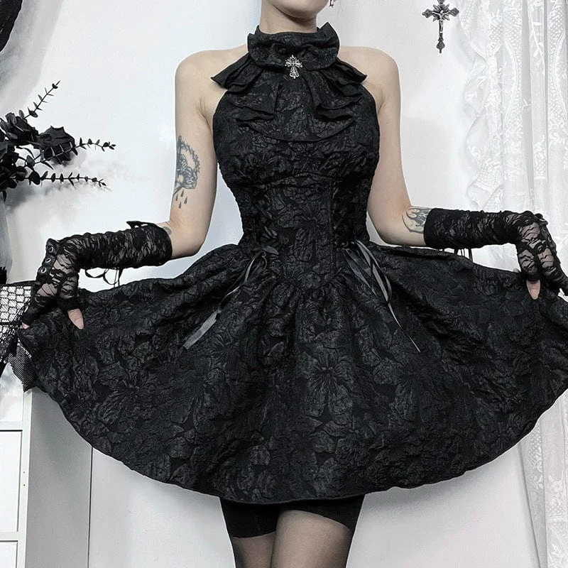 The Good Stuff Women's Gothic Embossed Ruffled Halterneck Gown Dress