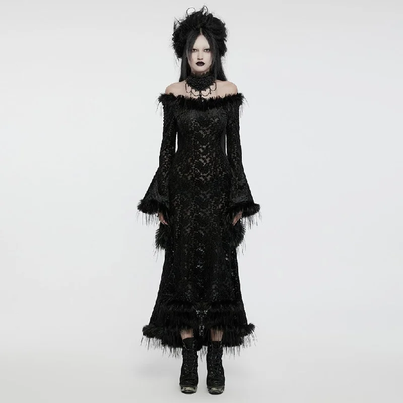 Minimalist Elegant Women's Gothic Flared Sleeved Faux Fur Splice Flocked Mesh Witch Dress