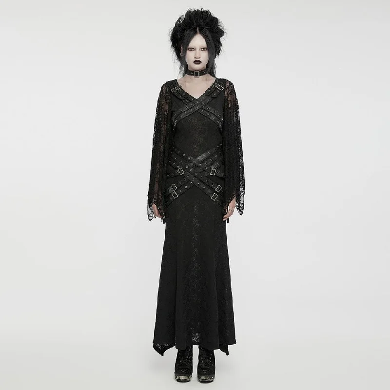 Seasonal Trends Women's Gothic Lace Sleeved Buckle Strap Splice Party Dress