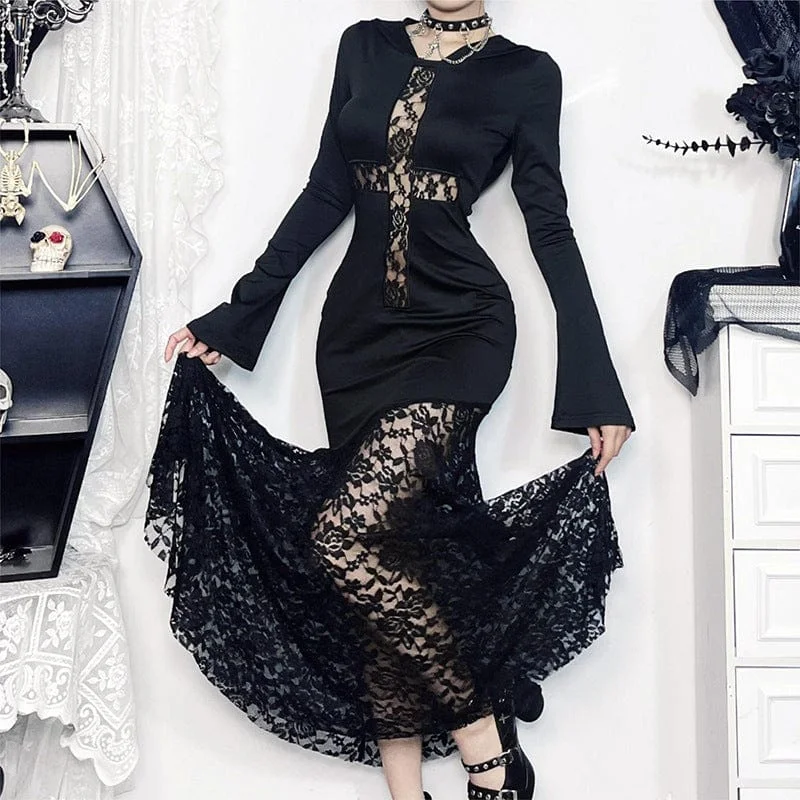 Bold Silhouette Women's Gothic Lace Splice Fishtailed Dress with Hood