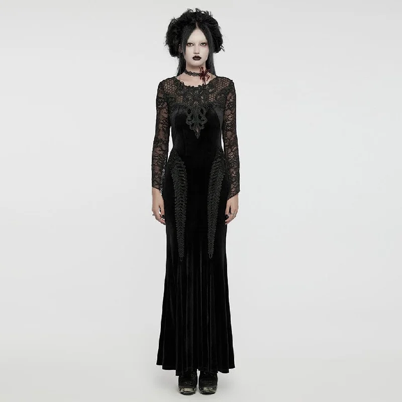 Fashion Sale Women's Gothic Lace Splice Velvet Fishtailed Prom Dress Black