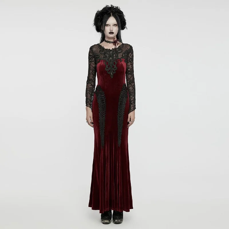 Evening Elegance Women's Gothic Lace Splice Velvet Fishtailed Prom Dress Red