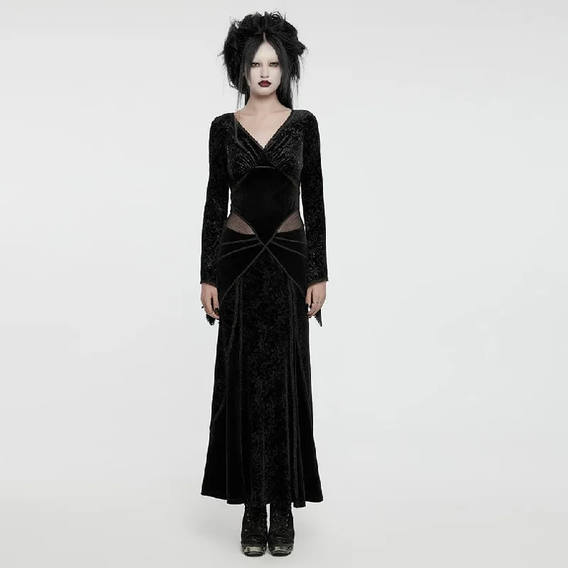 Modern Glamour Women's Gothic Plunging Embossed Velvet Prom Dress Black