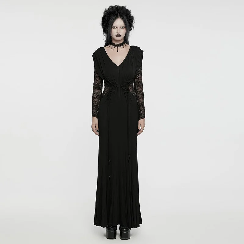 Luxury Fashion Women's Gothic Plunging Lace-Splice Drawstring Honeymoon Dress