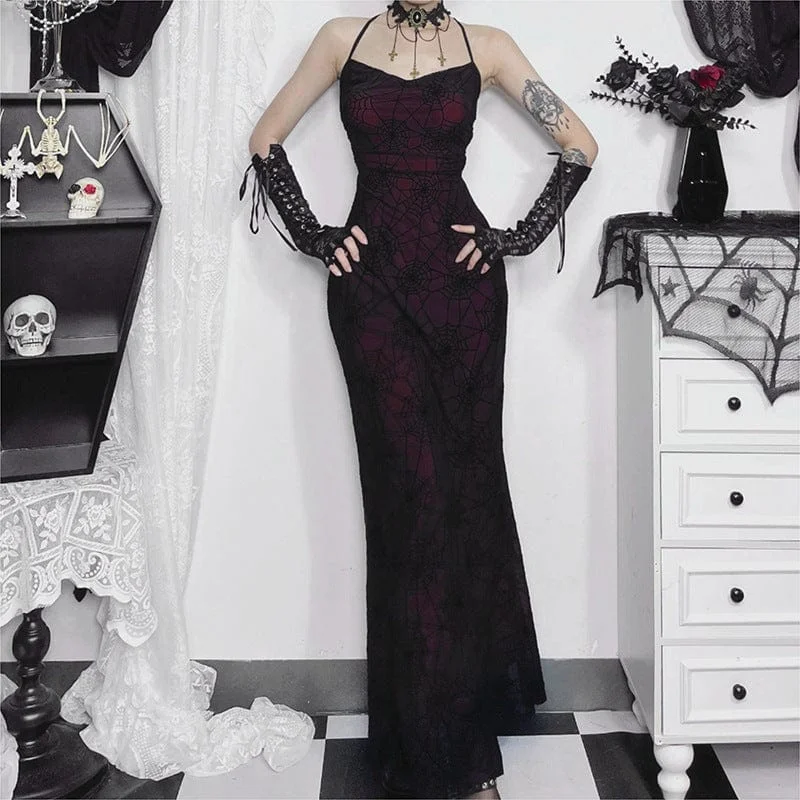 Shop Sale Items Women's Gothic Spider Web Lace-up Halloween Slip Dress