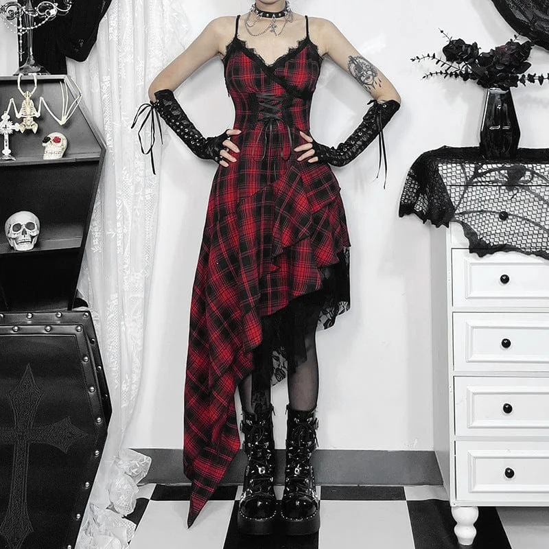Limited Time Offers Women's Grunge Irregular Lace-up Plaid Party Slip Dress