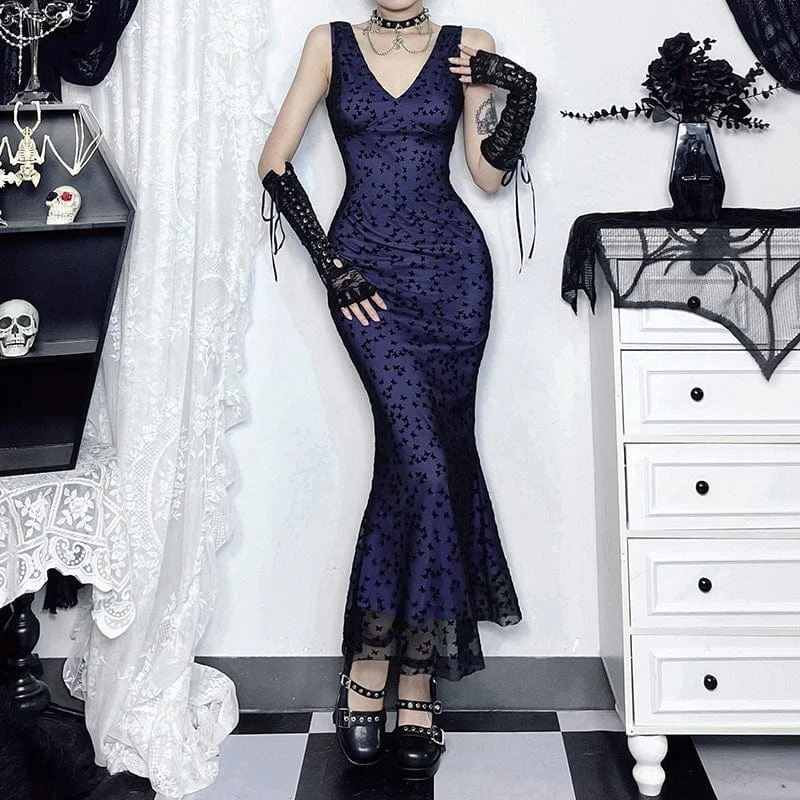 Chic Outfits Women's Grunge Plunging Butterfly Flocking Evening Slip Dress