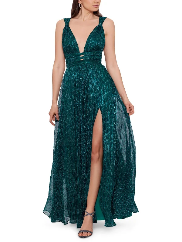 Get The Latest Trends Womens Metallic Plunging Evening Dress