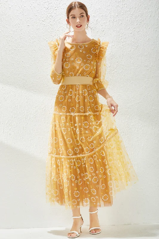 Vintage Charm Yellow Cocktail A-line Boatneck Elbow Sleeve Tea Lace Dress