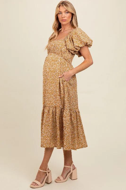 Exquisite Craftsmanship Yellow Floral Puffed Sleeve Maternity Midi Dress