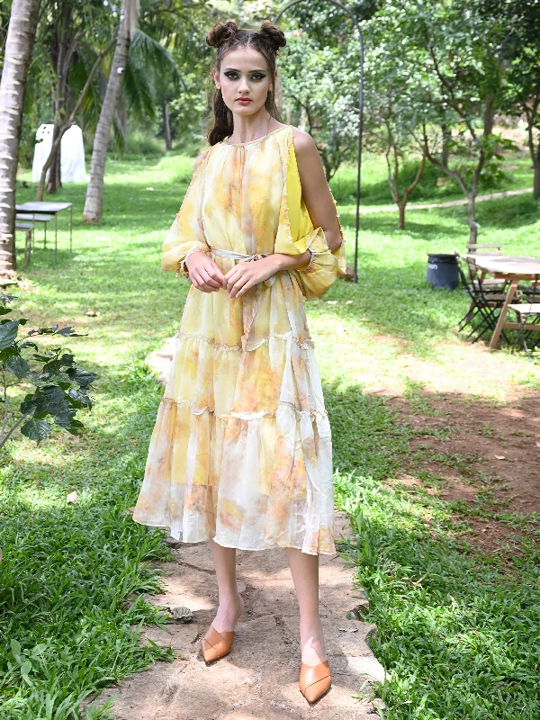 Sophisticated Fashion Odette Women Yellow Polyester Chiffon Printed Long Stitched Dress