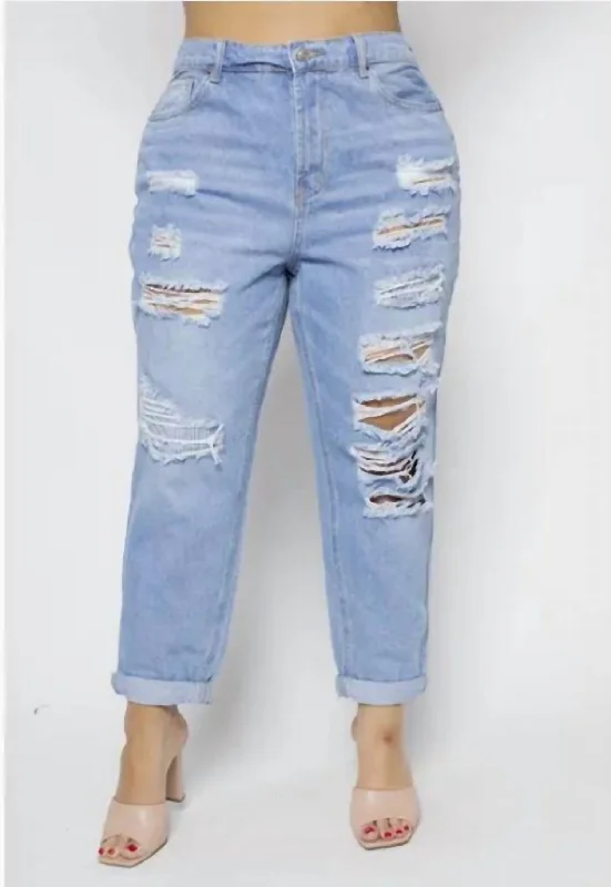 The Latest Fashion Trends Distressed Elastic Mom Jeans - Plus In Light Wash