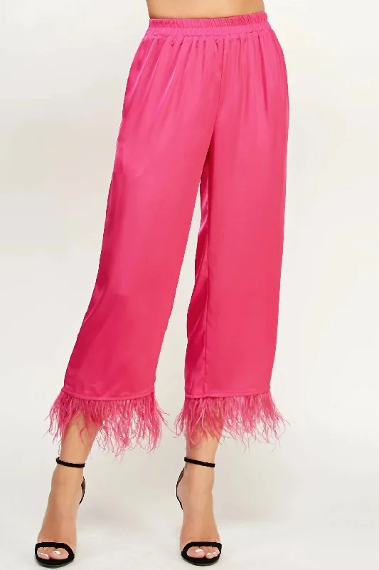 Vibrant Styles Foncy Feather Trim Pants In Fuchsia