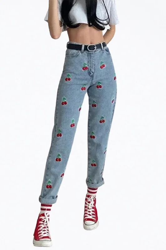 Chic Outfits High-Rise Cherry-Embroidered Tapered Jeans In Light Blue