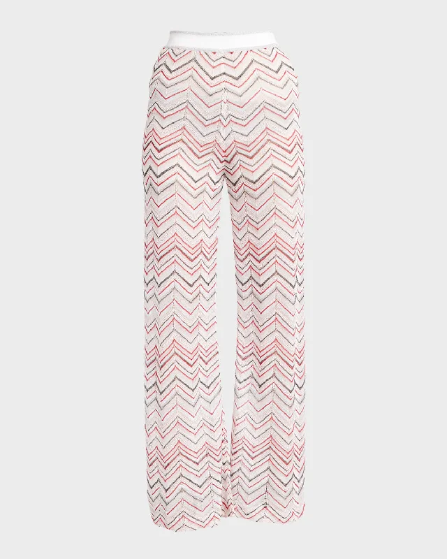 Style Streetwear Mid-Rise Chevron Pointelle Knit Straight-Leg Pull-On Trousers