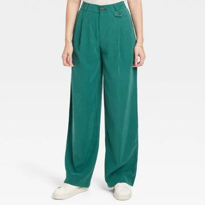 Signature Style Essentials New - Women's High-Rise Relaxed Fit Full Length Baggy Wide Leg Trousers - A New Day Green 2