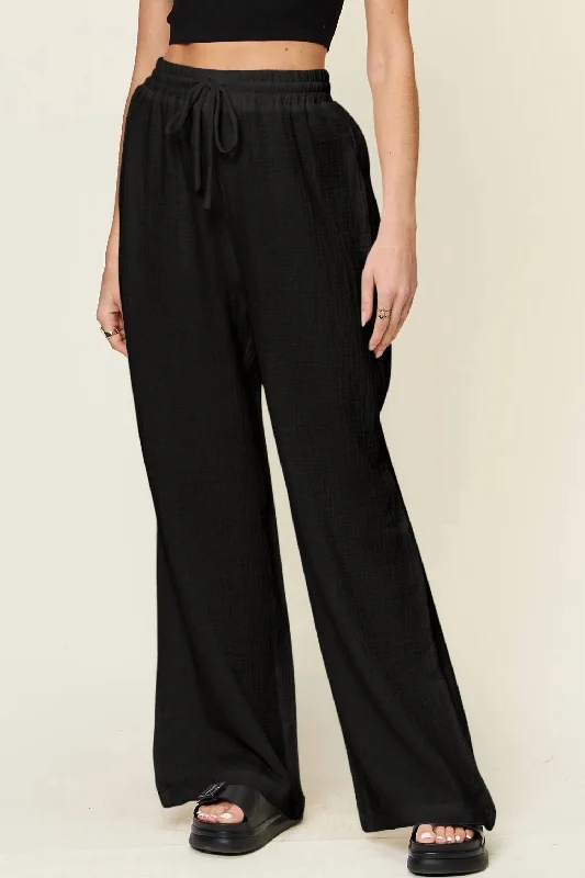 Travel Essentials Wide Leg Drawstring Pants In Black