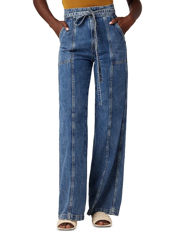 Elegant Styles Womens Belted Denim Wide Leg Jeans